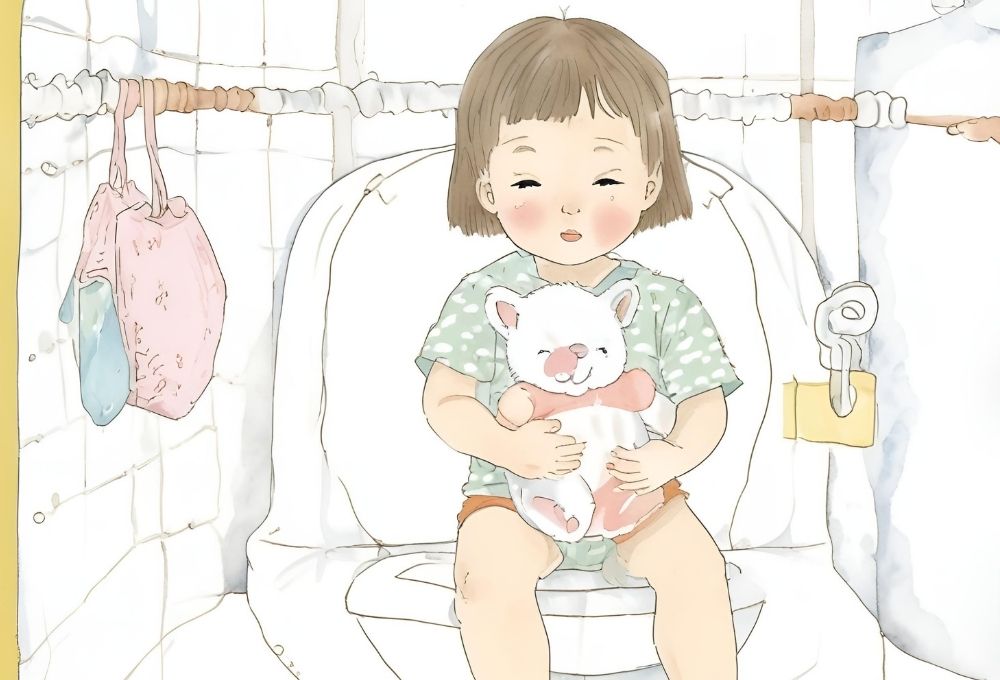 お気に入りのぬいぐるみと一緒にトイレに座る子ども