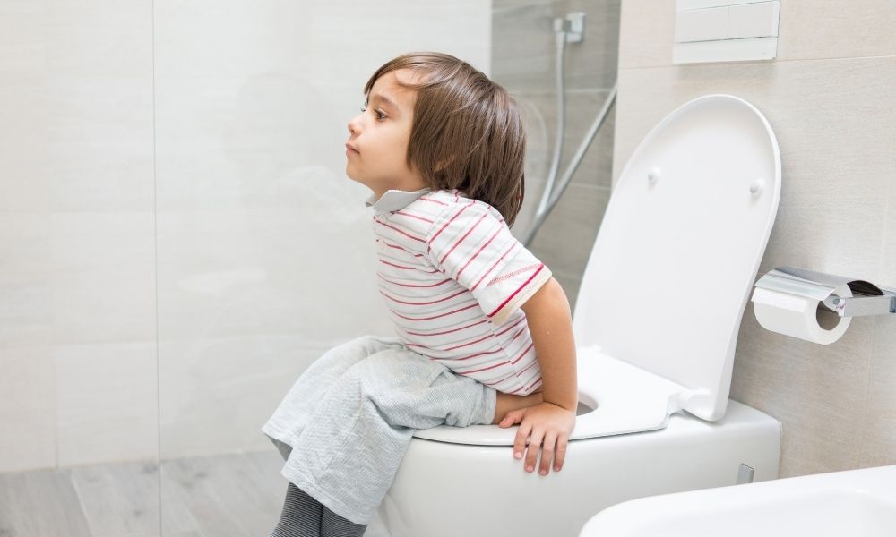 トイレに腰かけている幼い男の子