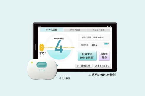 排尿予測デバイスDFreeと、タブレットに表示されたアプリ画面