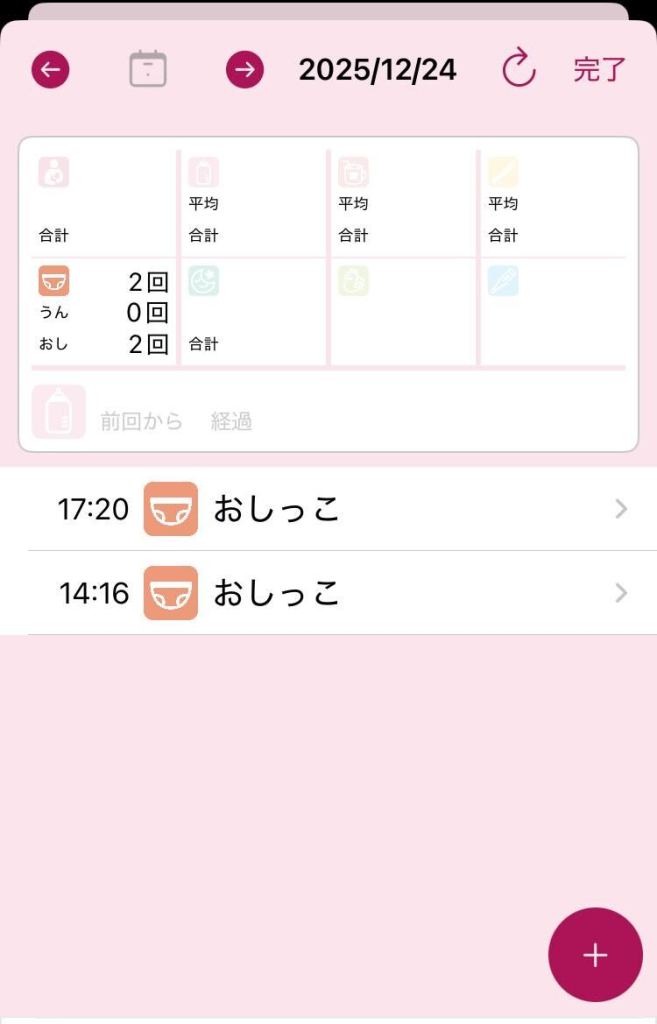 ピンクを基調とした排泄記録アプリの画面で、日付ごとの排尿回数の合計と、時刻付きの「おしっこ」記録が一覧で表示されている。
