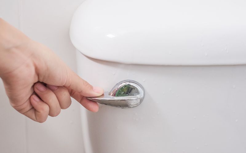 トイレのタンク横にある金属製のレバーを、手で押し下げて水を流している様子が写っています。家庭用の洋式トイレでよく見られる操作場面です