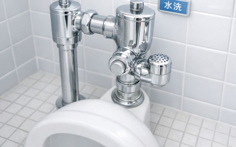 和式トイレの前方に設置された、金属製の洗浄装置が写っています。ボタンやレバーを操作して水を流す仕組みです