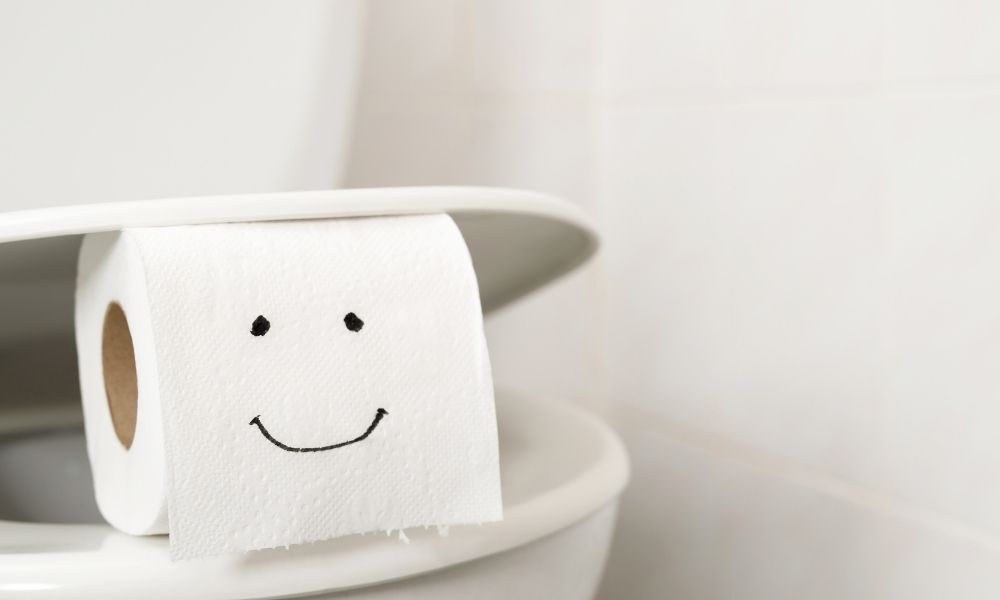 トイレットペーパーの先端に手描きの笑顔が描かれており、トイレの便座にかけられている様子。白いトイレットペーパーが垂れ下がり、シンプルでやさしい雰囲気のトイレ空間の写真