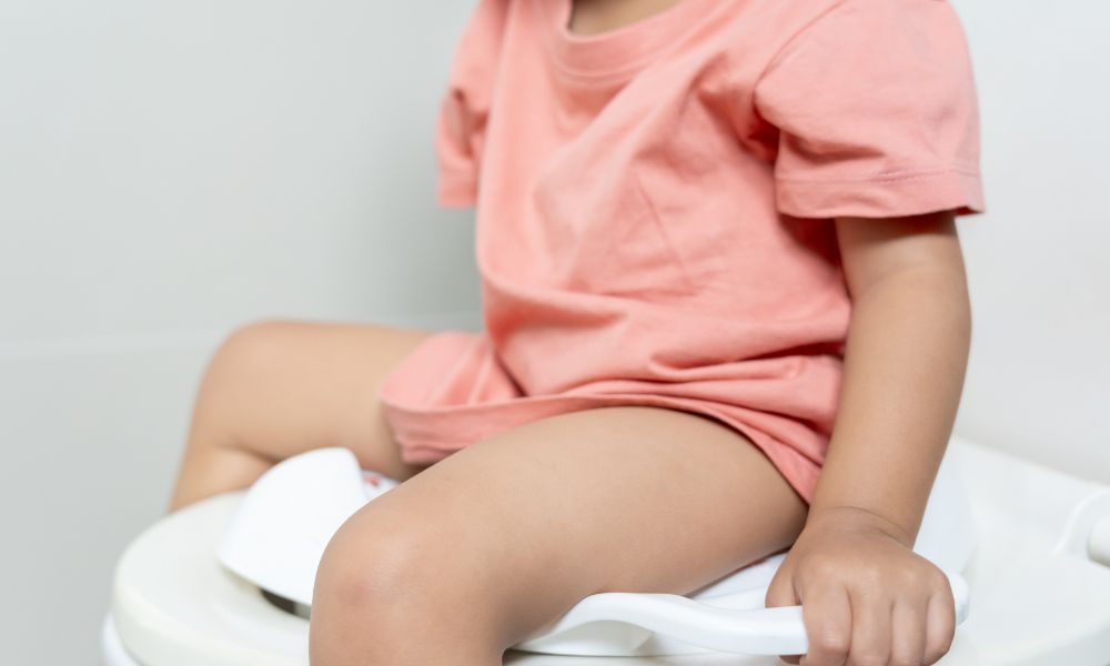 子どもが補助便座に座っている様子。トイレトレーニングの場面で、手でしっかりと支えながら安定して座っている。