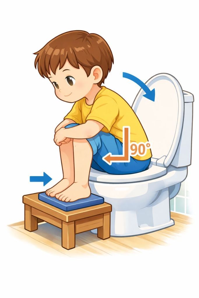 子どもが足台に足を乗せて前かがみの姿勢でトイレに座っているイラスト。膝が約90度に曲がり、排泄しやすい姿勢のポイントが矢印で示されている。