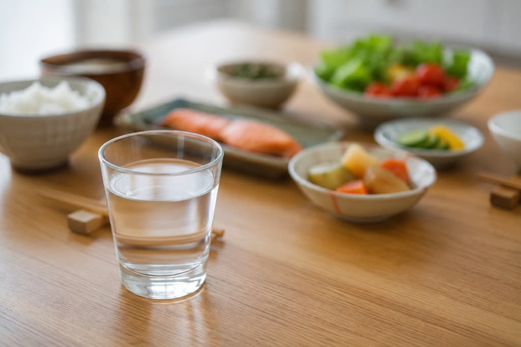 コップ一杯の水が手前に置かれ、奥に和食が並ぶ食卓